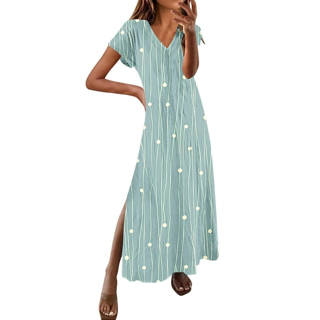 bbymog Robes pour Femmes Robes pour Femmes Col en V Fente Latérale Robe Boho Mode Vintage Imprimée Robes de Plage Robe Maxi pour Femmes Bleu A TG
