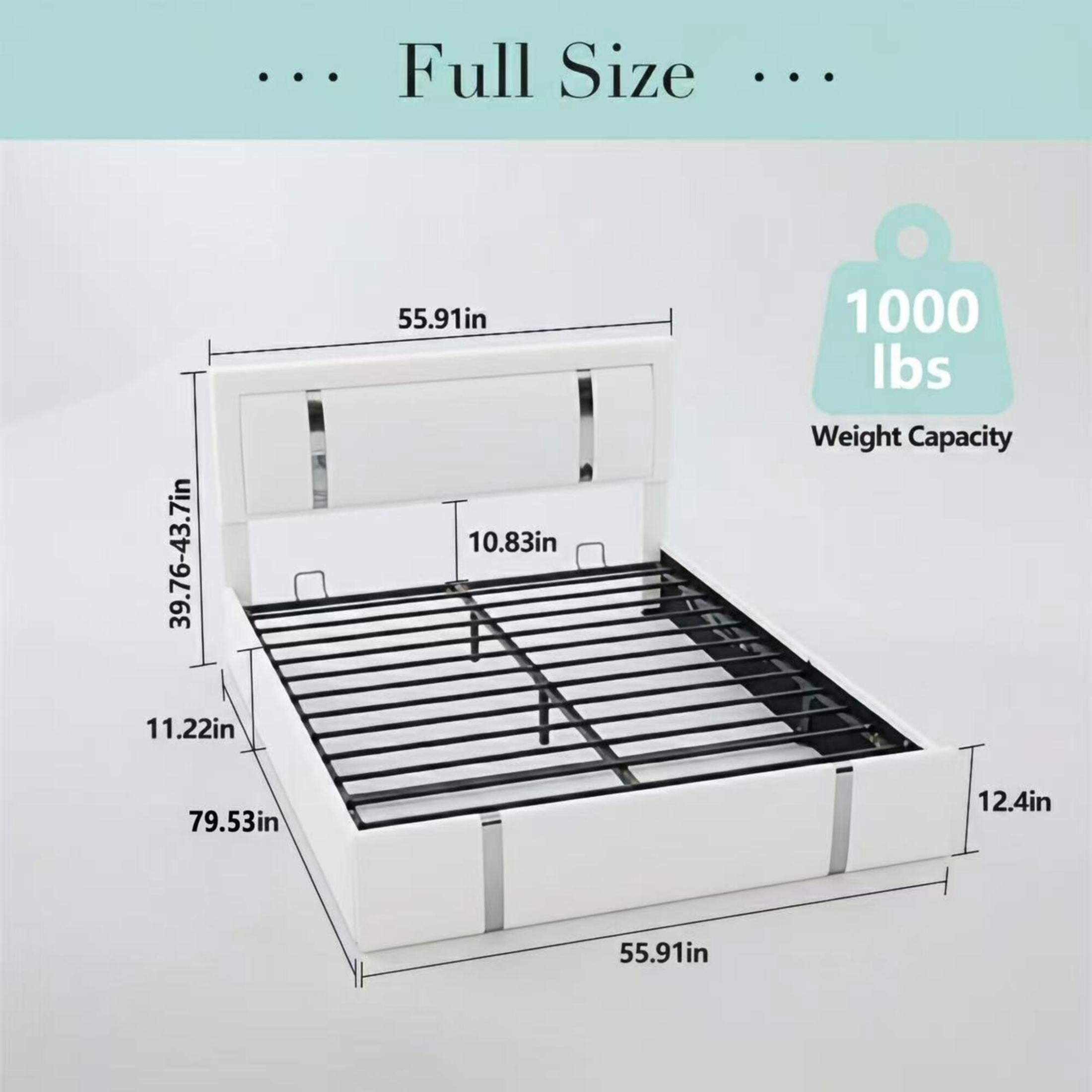Noble House Kiran Full Size Upholstered Bed Frame with LED Light and Charging Ports, Hydraulic Lift-Up Storage, White