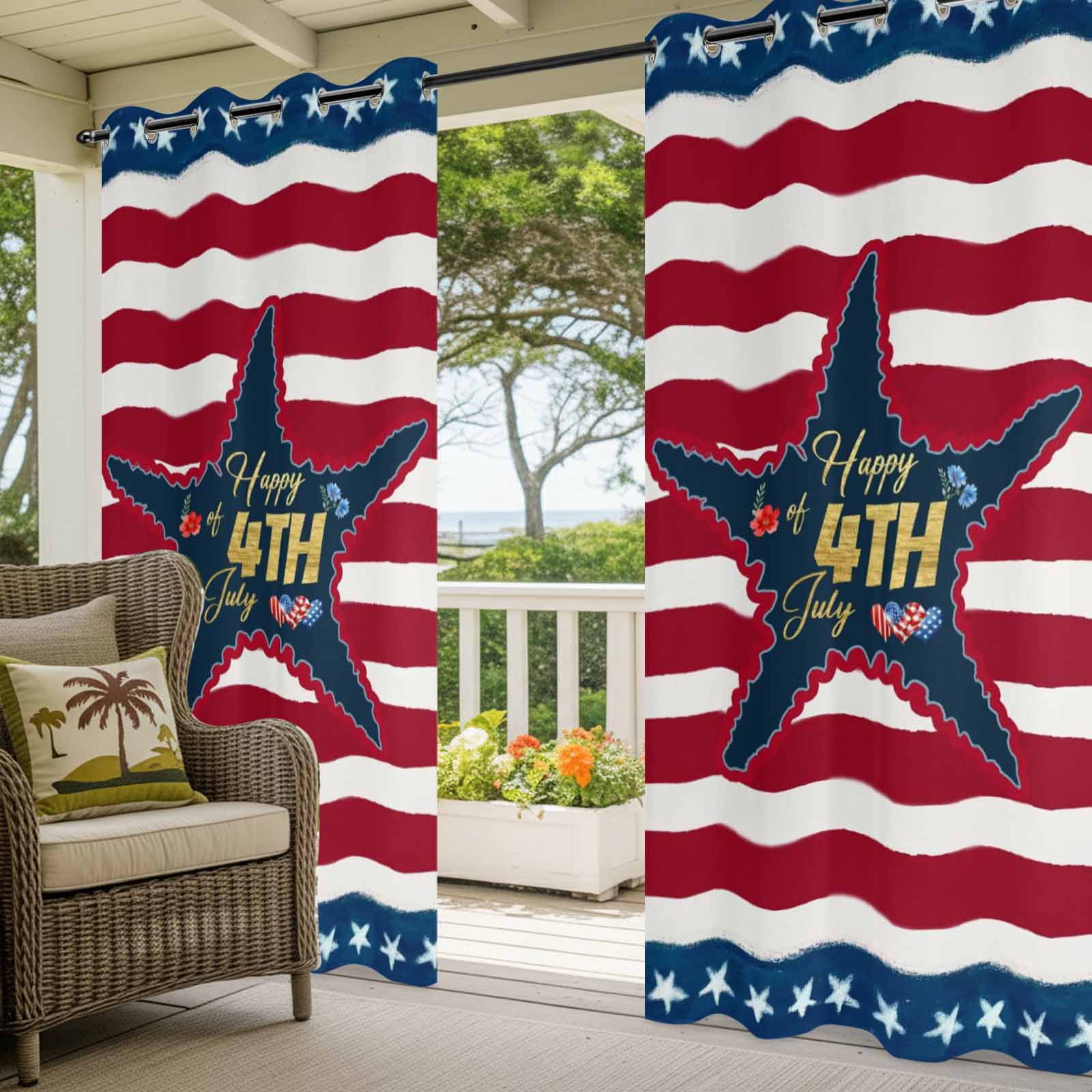 Gold Happy of 4th July Outdoor Curtains for Patio, Rustic Red Blue Star Stripes Sunshade Privacy Drapes Grommet Waterproof Outside Curtains for Porch/Cabana/Balcony 54"x 108", 1 Panel