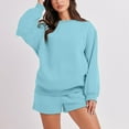 thumbnail image 2 of Women Sweatsuit Shorts Set, Women's 2 Piece Outfits Fall Tracksuit, Oversized Casual Long Sleeve Crew Neck Pullover Sweatshirts Elastic Waist Shorts Matching Sets Light Blue, 2 of 7