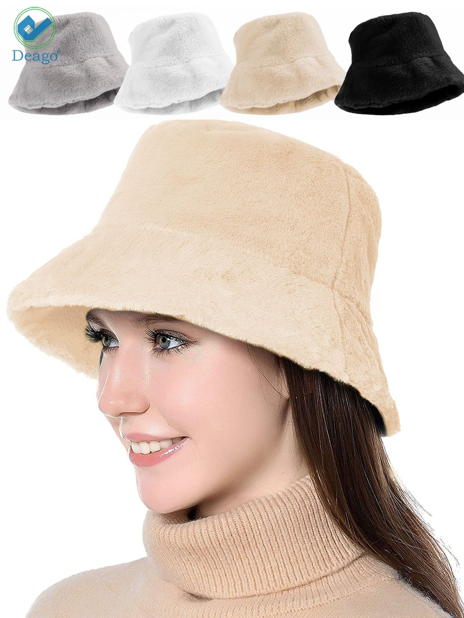 Deago Winter Bucket Hat for Women Warm Hats Vintage Faux Fur Wool Outdoor Fisherman Cap (Beige