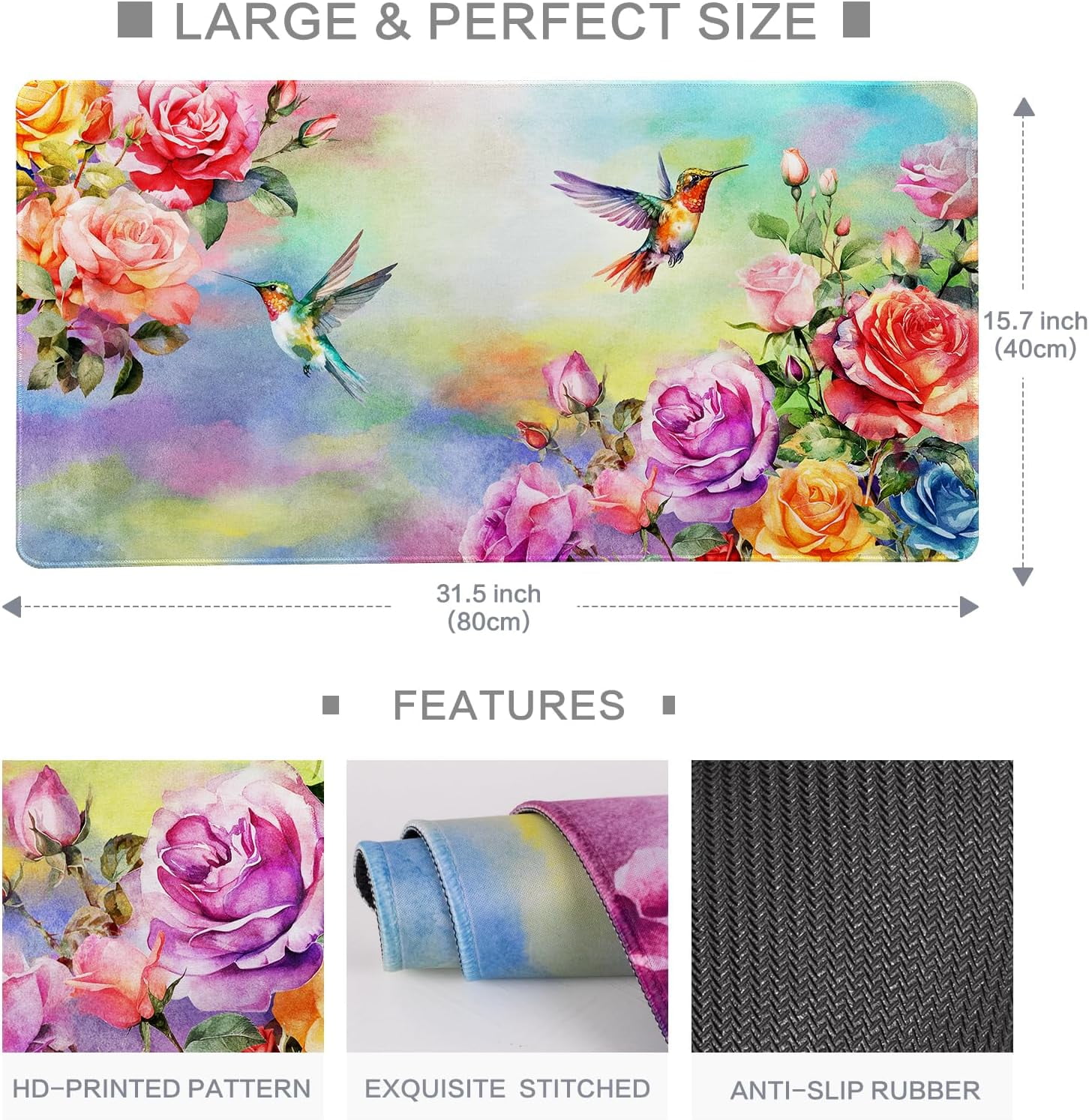 Colorful Large Mouse Pad, Pink Floral Desk Mat for Desktop, Women Girls Waterproof Gaming Mousepad, Computer PC Laptop Protector Writing Pads for School Office Home 31.5" x 15.7", Floral