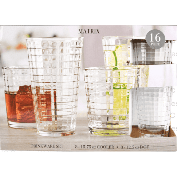 Matrix Glass Drinkware Set, 16-Piece Highball and Whiskey Glasses, 15.75 oz & 12.5 oz Clear Glass Cups for Water, Juice, Cocktails & Home Use