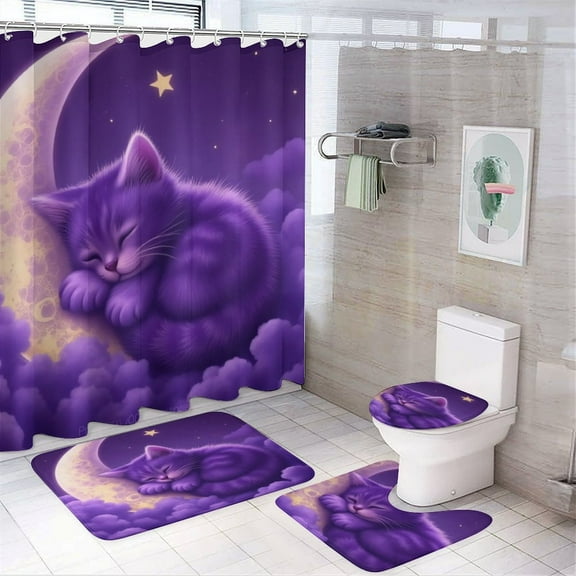 Cute Cat Sleeping on Moon Shower Curtain Set Modern Bathroom Decor Mats 4pcs Fabric Bathroom Curtain Slip Floor Rug Toilet Lid