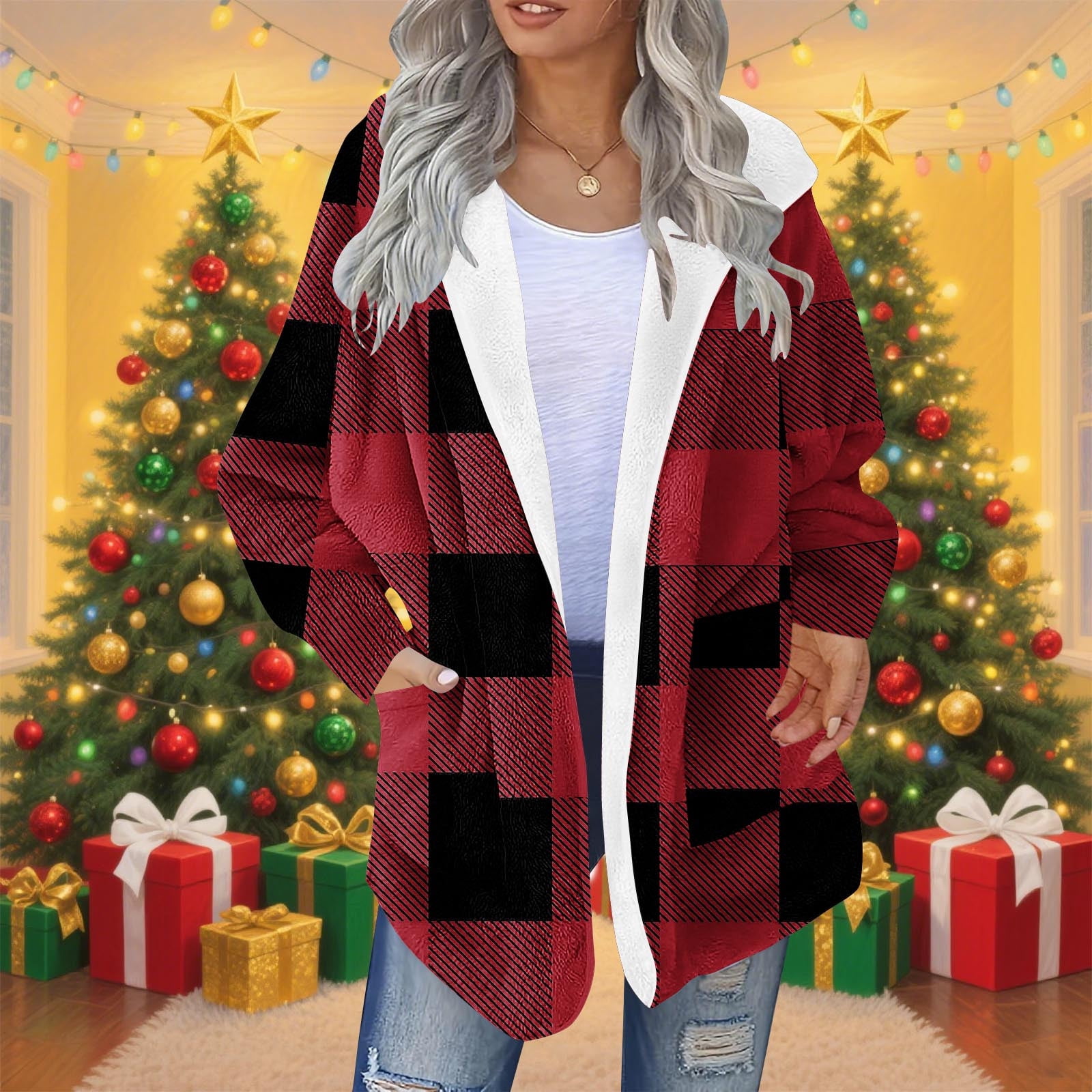 Sherpa Fleece Coat for Women Warm Shaggy Faux Shearling Hooded Cardigan Jacket with Pockets Christmas Winter Clothes (XL, Red-Plaid)