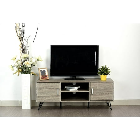 Tv Console Cabinet Finish - Weathered Grey Oak Finish TV Entertainment Center Console Cabinet Stand with Two Doors and Shelves