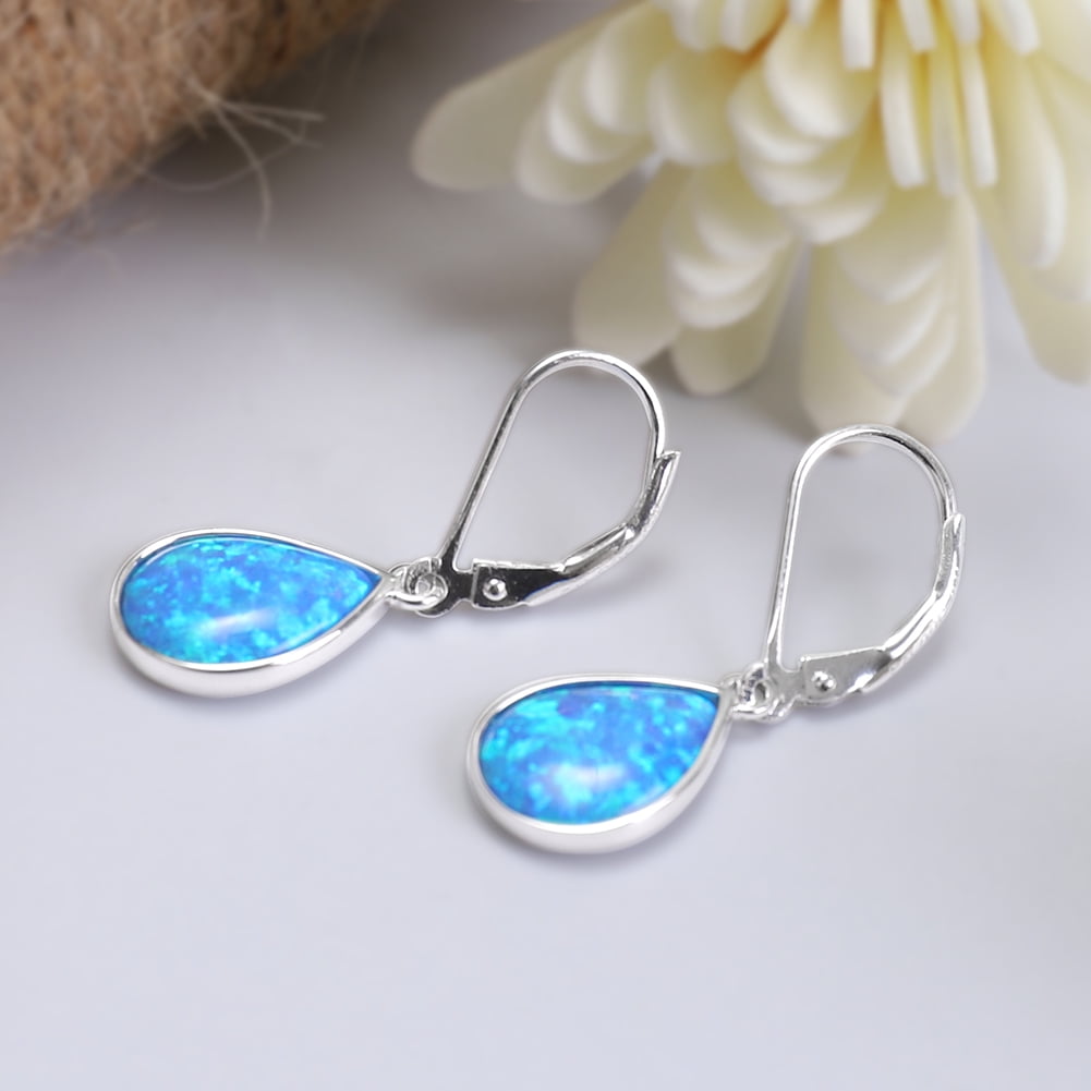 Gemschest Sterling Silver Blue Teardrop Created Opal Dangle Earrings for Women