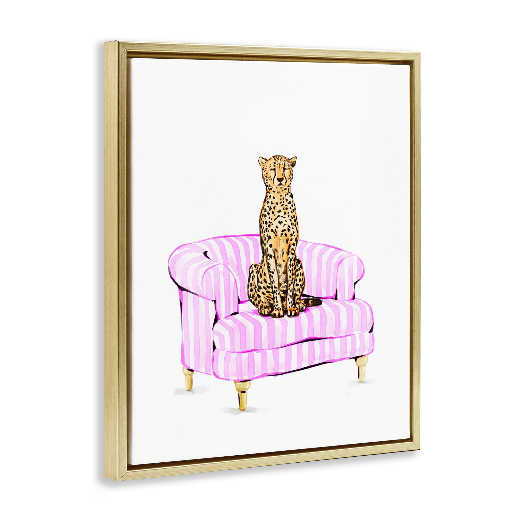 Cheetah on Pink Stripe Chair Gold Framed Floater Canvas Wall Art, design by Ziwei Li