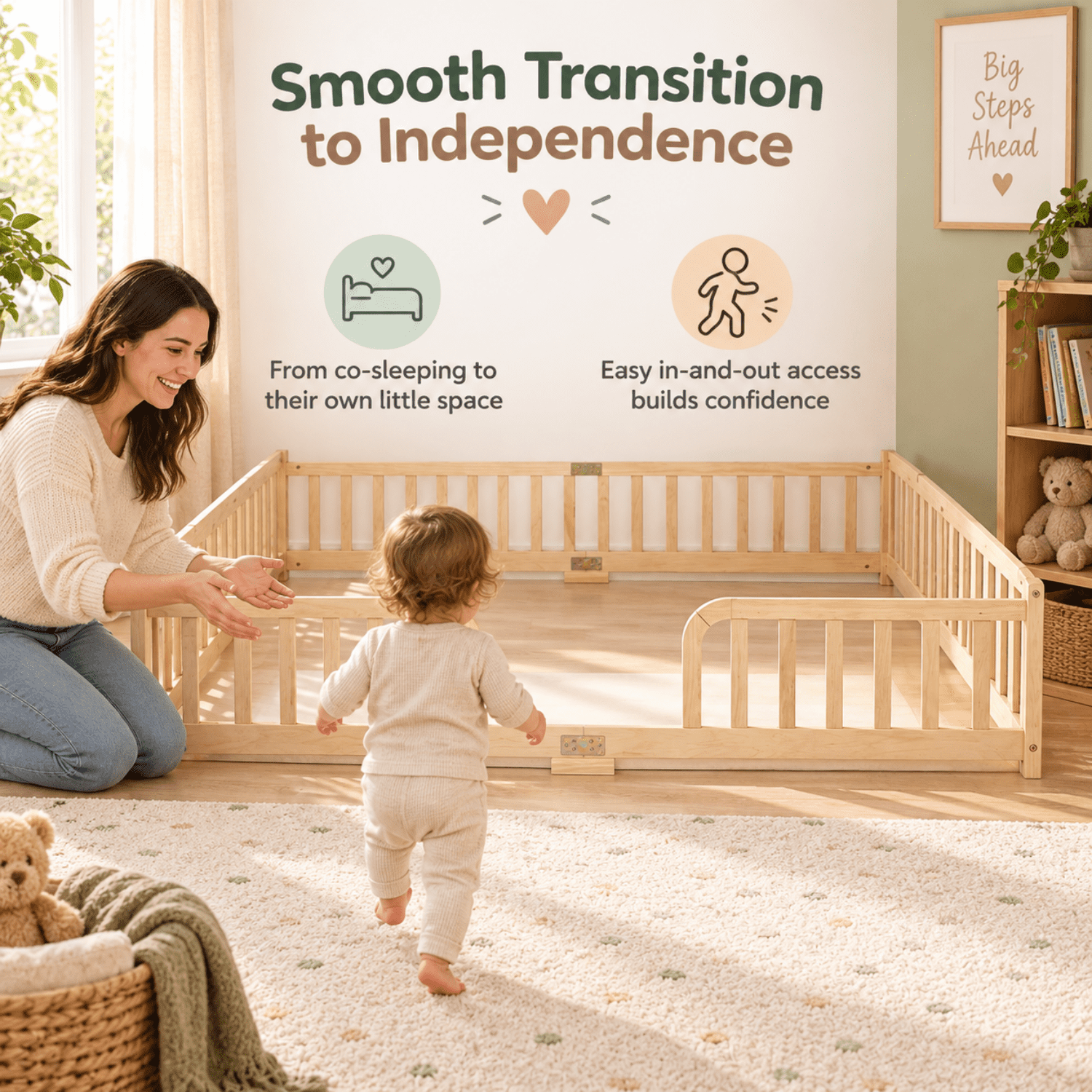 Miniyam Queen Size Kids Floor Bed with Guardrails, Low-to-Ground Montessori Wood Bed, Natural