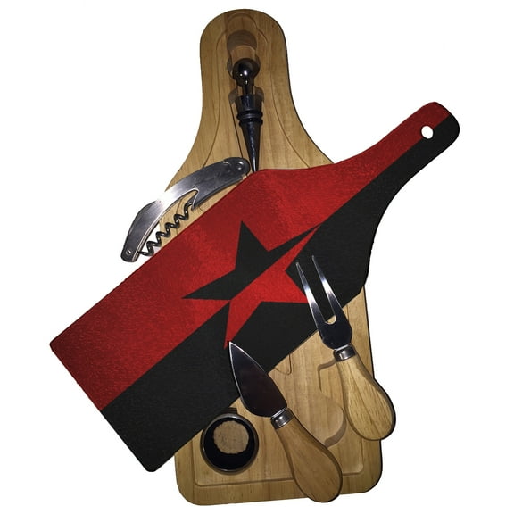 KuzmarK Wine & Cheese Glass Cutting Board Wood Box Gift Set - Black Star