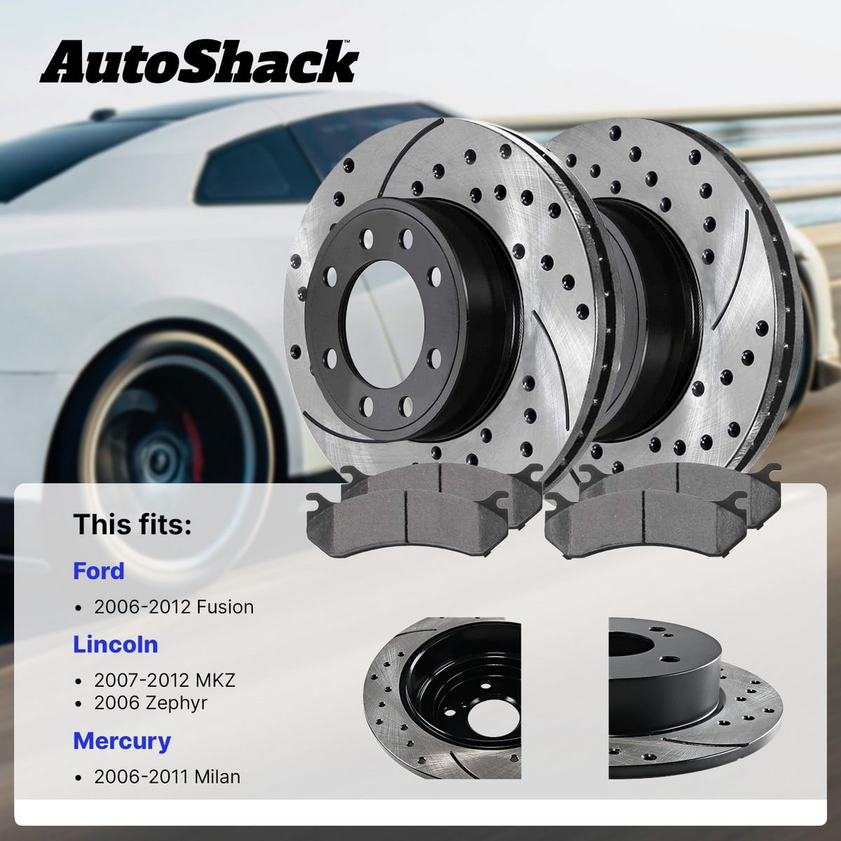 AutoShack Front & Rear Brake Rotors & Ceramic Pads for Ford & Lincoln, Fusion 2006-2012 MKZ 2007-2012, AWD FWD L4 2.3L 2.5L V6 3.0L 3.5L - E-Coated Drilled & Slotted - ShadowGuard