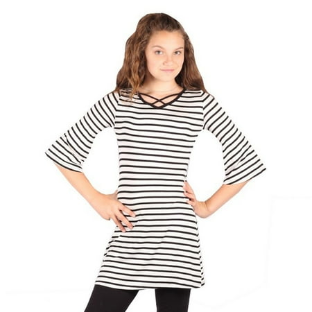 Stripe Cuff Shirt - Lori&Jane Girls White Black Stripe Criss Cross Strap Flared Cuff Top