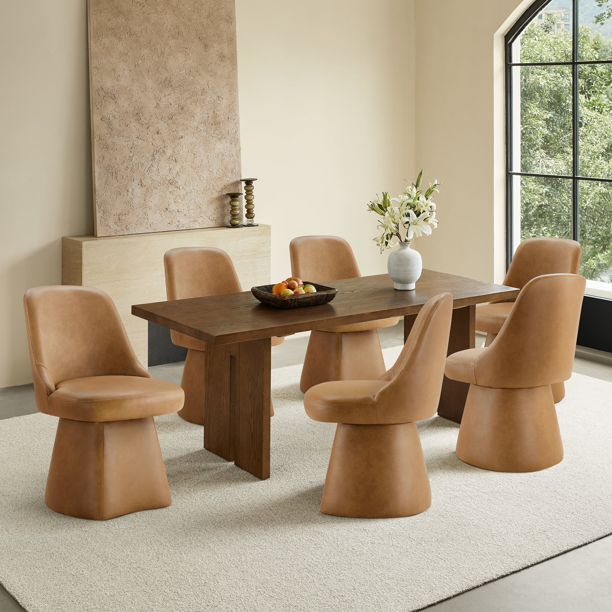 Spruce & Spring Modern 360-Degree Swivel Upholstered Dining Chair, Faux Leather Accent Chair with Conical Base, Saddle Brown