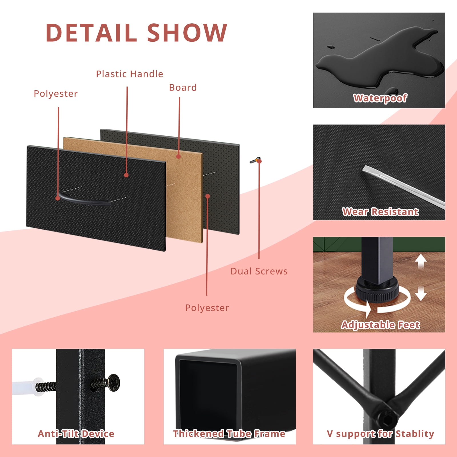 Small TV Stand, Black Dresser TV Stand for Bedroom, Entertainment Center for 45 Inch TV with Drawers, Fabric, Adjustable Feet, Living Room