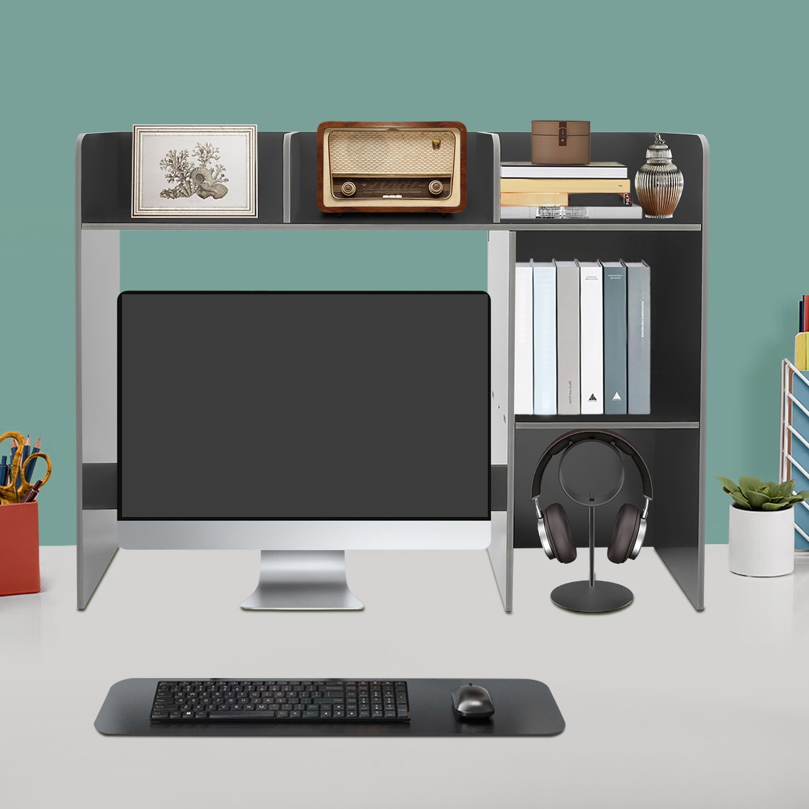 Modern Desktop Storage Organizer, Desktop Bookshelf Holder Computer Rack Desk Organizer (Black)