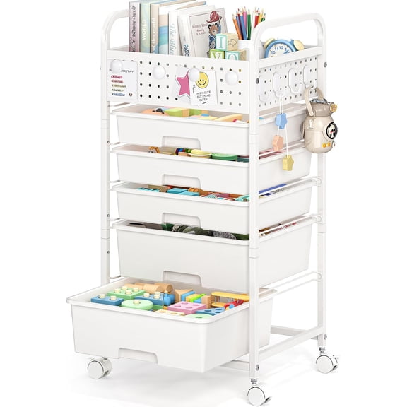 5 Drawer Rolling Storage Cart with Pegboard Top and Hooks, White
