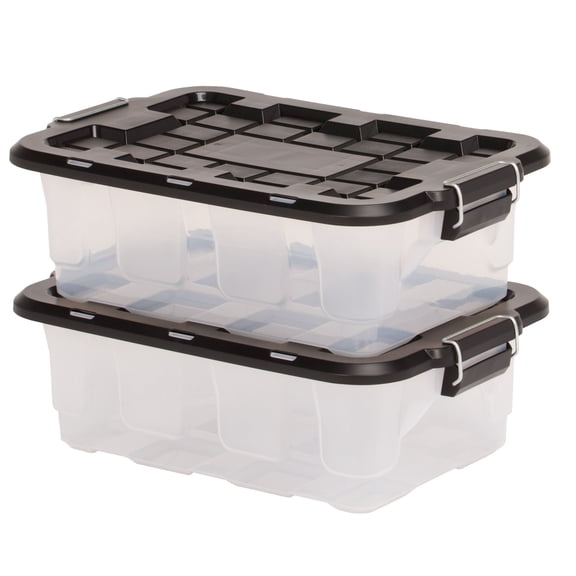 Homz 2 Pack 10-Gallon Clear Plastic Stackable Home Storage Bin with Lid, Black
