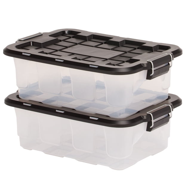 Homz 2 Pack 10-Gallon Clear Plastic Stackable Home Storage Bin with Lid, Black