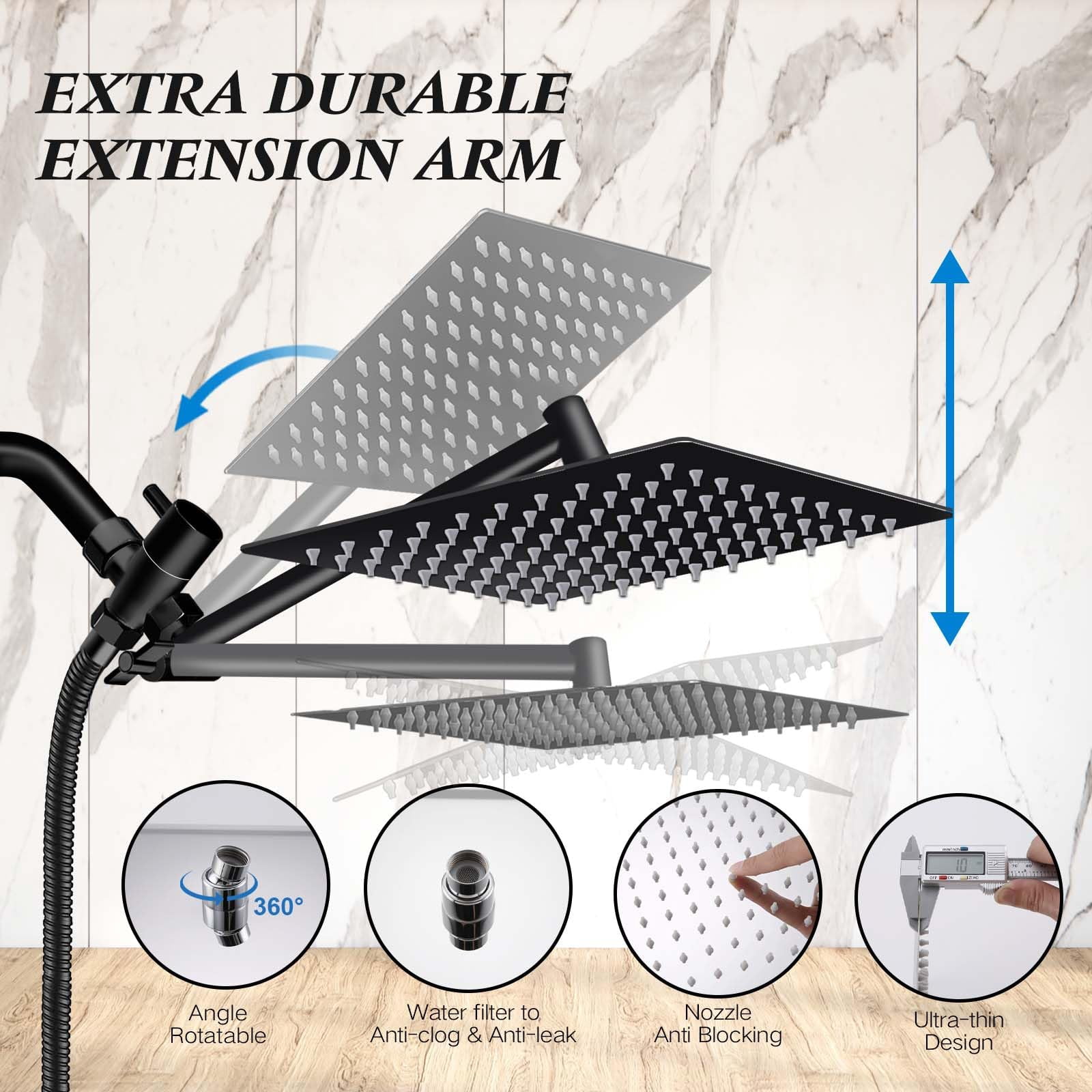 Shower Head  8 Inch Multifunction High Rain With Handheld Spray Combo 11'' Angle Adjustable Extension Arm/flow Regulator/shower System Matte Black