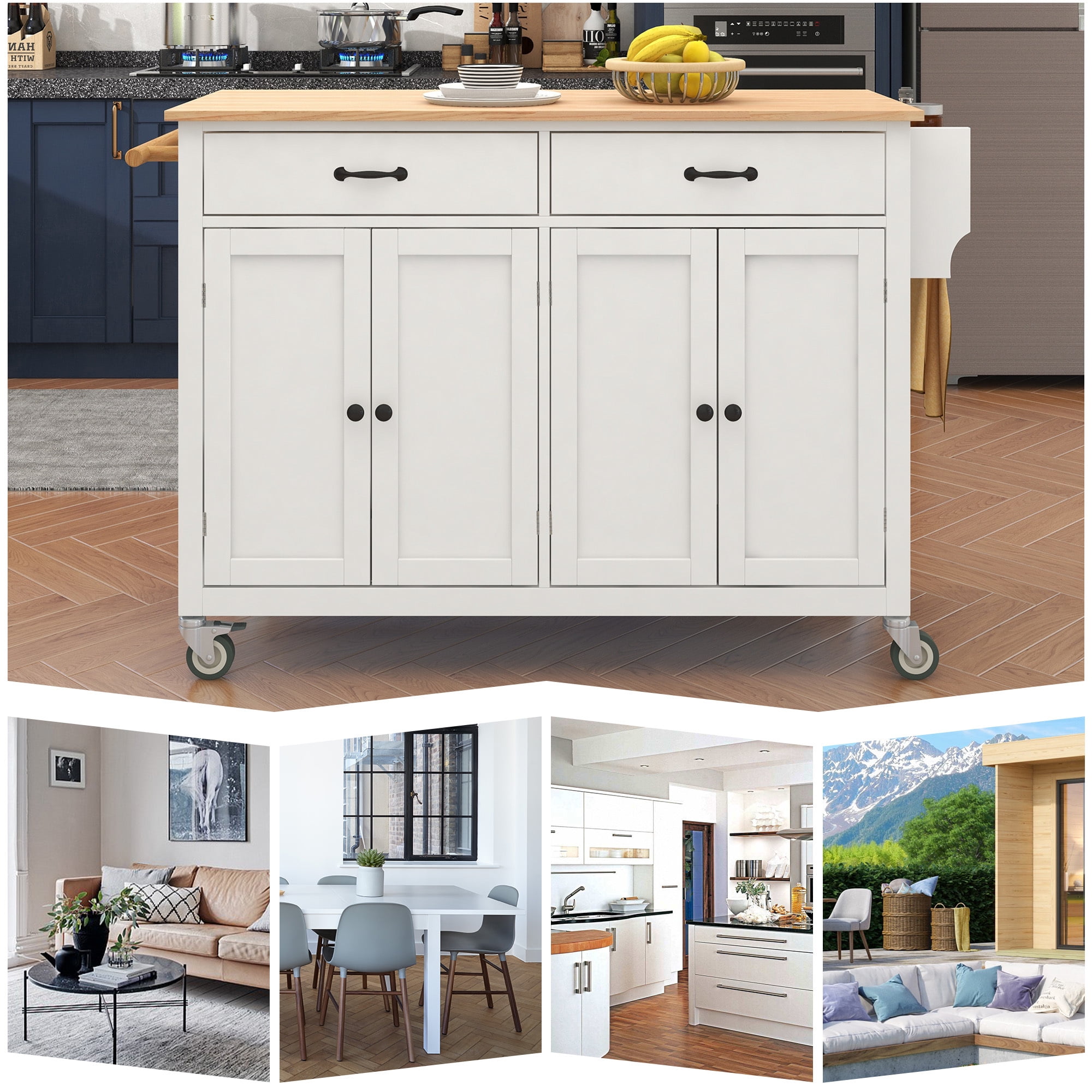 DEALTOPS 54.3" Kitchen Island Cart on Wheels, Kitchen Islands with Storage 4 Door Cabinet & Adjustable Shelves &Towel rack & 2 Drawers Storage Solid wood top-White