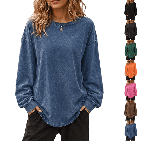 Acid Wash Sweatshirt For Women Crewneck Long Sleeve Pullover Tops Blue S