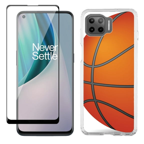 Slim-Fit Protective Phone Case compatible with Motorola Moto One 5G UW, with Tempered Glass Screen Protector, by OneToughShield ® - Basketball