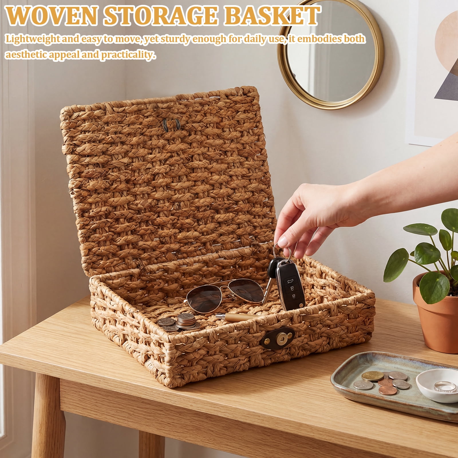 Ihvewuo Decorative Box with Lid Treated Gourd Grass Storage Basket Treated Gourd Grass Woven Decorative Box for Shelf Coffee Table Console Table Home Decor (Large or Small)