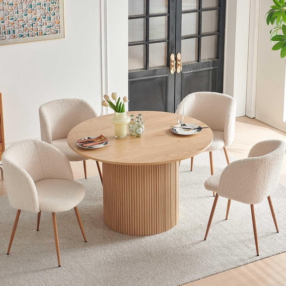 NORDICANA 5 Piece Modern Round Dining Table and 4 Off White Barrel Kitchen Chairs Set, 47" Kitchen Table with Fluffy Barrel Dining Chairs Set