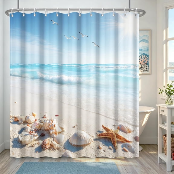 Coastal Beach Shower Curtain Ocean Seashore Sea Shells Starfish Waterproof Fabric Bathroom Decor 71x71 inches
