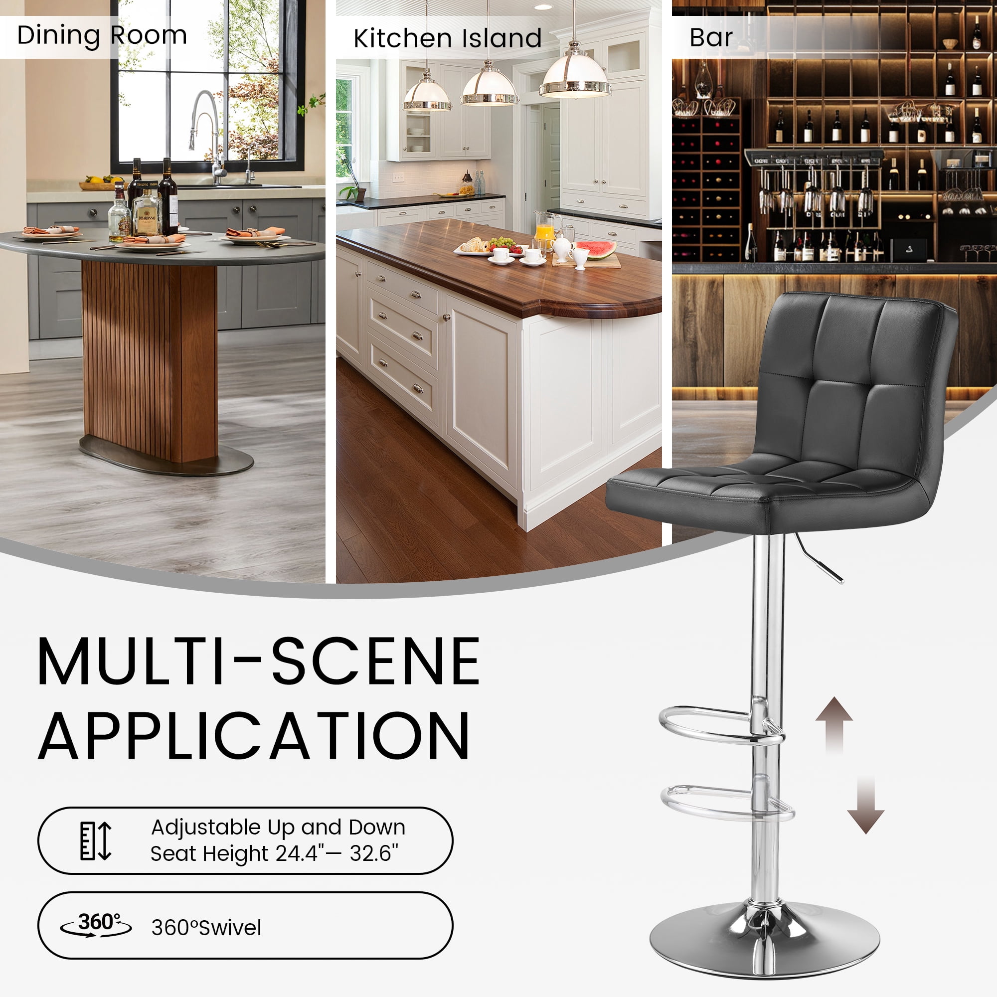 SAETSFEG Bar Stools, Thickened Seat Cushion Adjustable Swivel Bar Stool with Backrest, Counter Height PU Leather Bar Chairs for Kitchen Island, Dining Room, Black