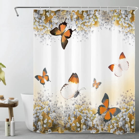 HVEST Orange Floral Butterfly Shower Curtain, Garden Flower Plant Spring Shower Curtain - Rustic Wildflower Bathroom Decor, Waterproof Polyester Fabric, Includes 10 Hooks, 60x72 Inches