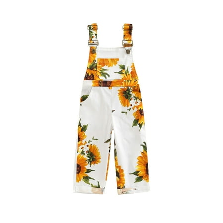 

One opening Toddler Baby Girl Sunflower Print Overalls Pants with Pocket Suspender Trousers Cute Fall Clothing Outfit