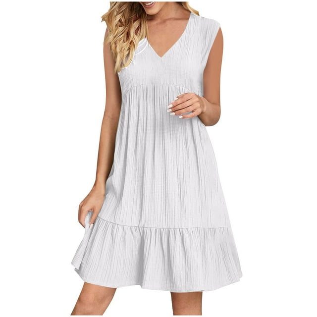Yuyuzo Robes d'Été pour Femmes Sans Manches à Col en V Mini Robe T-Shirt Plissée à Volants Fluide Plage Vacances Robes d'Été
