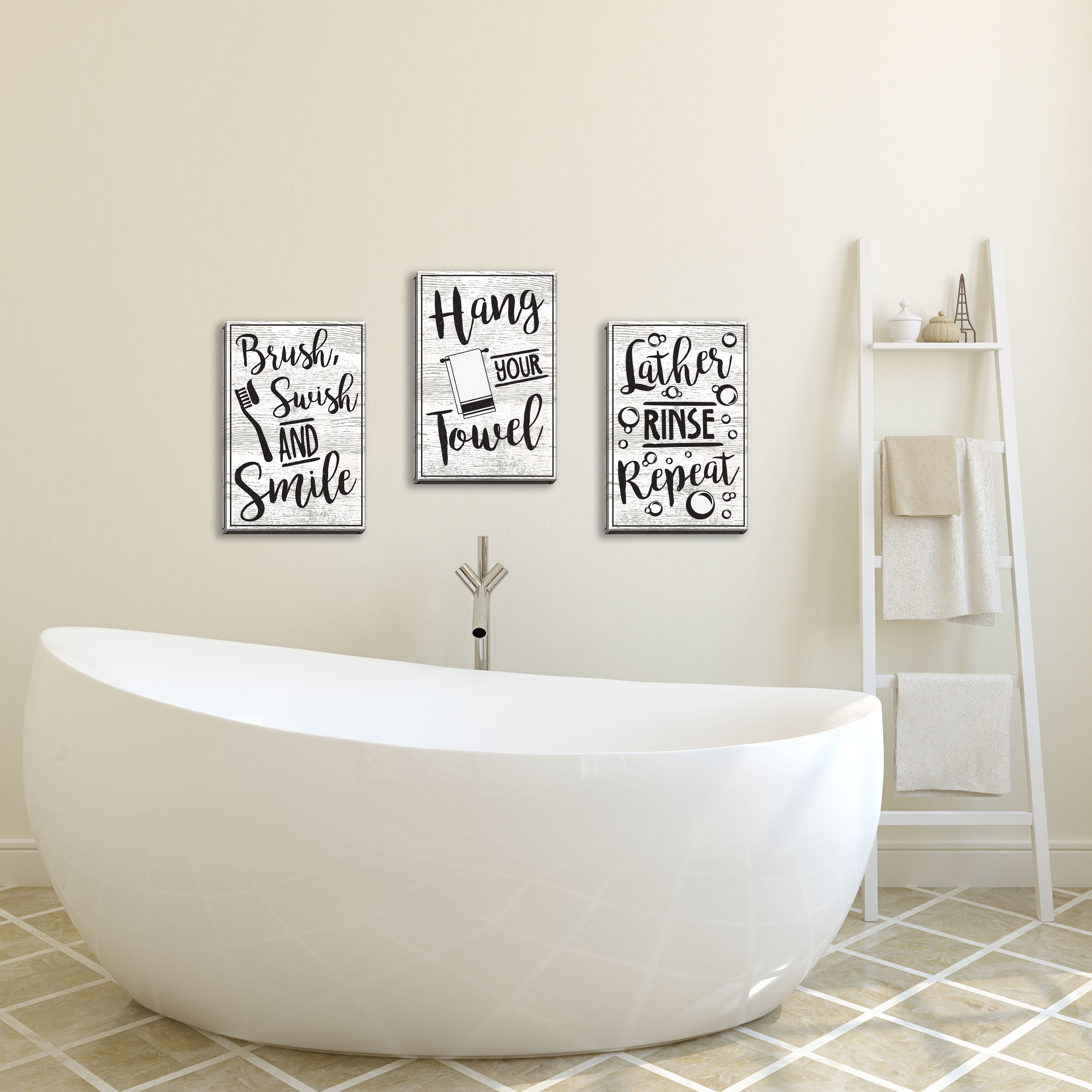 Gango Home Decor Bathroom Rules Typography Wall Art; Three Black