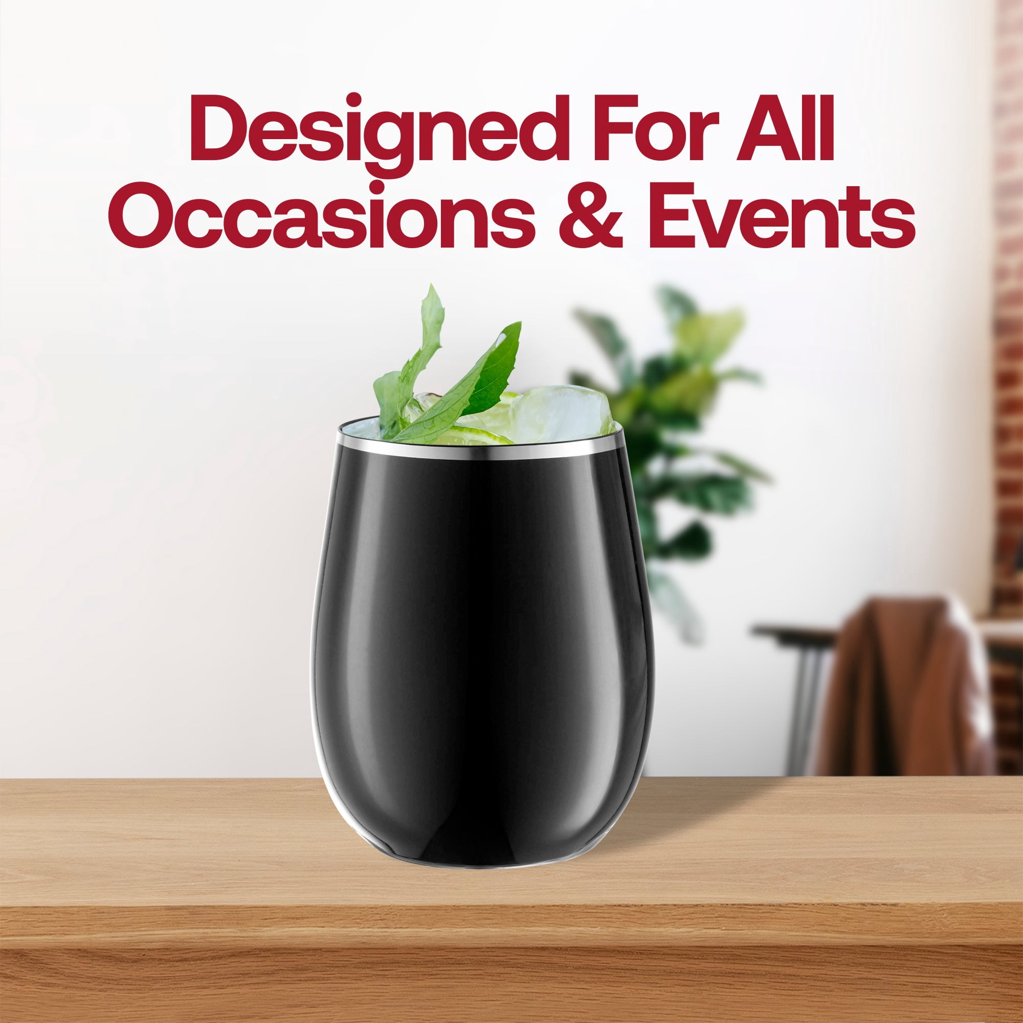 Smarty 12 oz. Black with Silver Elegant Stemless Plastic Wine Glasses 64ct
