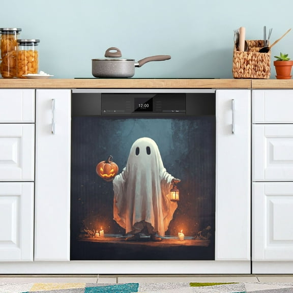 Dishwasher Sticker Dishwasher Cover Magnet Refrigerator Home Decorative Art Kitchen Panel Decal Cute Ghost with Pumpkin in Hand 23x26 Inch