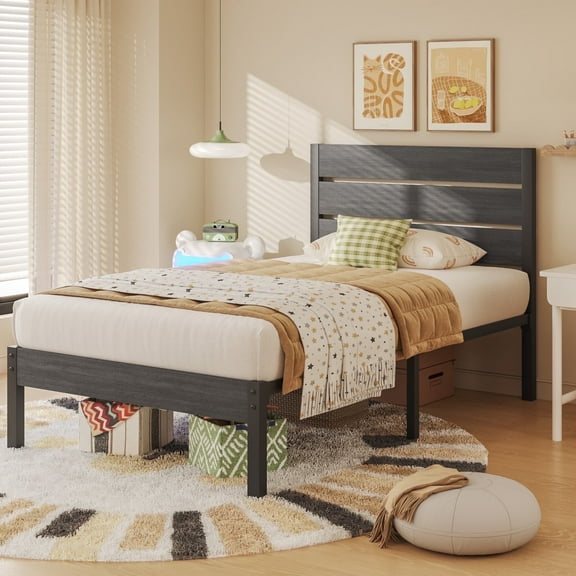 Lifezone Twin Bed Frame with Rustic Vintage Wood Headboard and Footboard, Gray