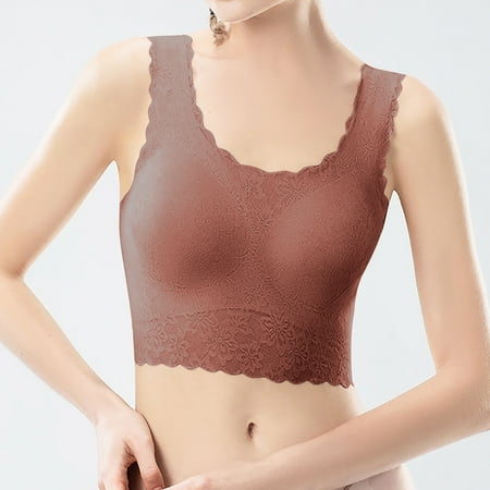 TUWABEII Women s Fashion Yoga Exercise No Steel Ring Gathering Lace Solid Tank Top Wireless Lift T-Shirt Bra