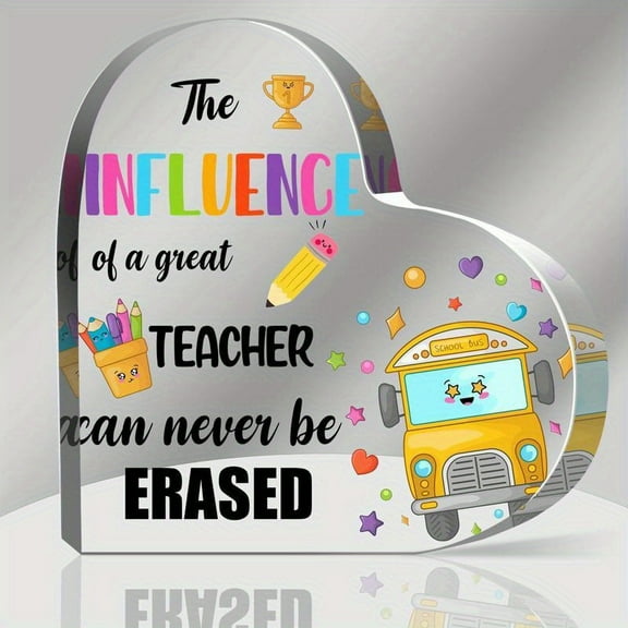 Heartfelt Teacher Appreciation Acrylic Plaque Heart-Shaped Centerpiece with Colorful School Motifs "Great Teacher" Inspirational Quote Desk Decor for Home Office Teacher Appreciation Gifts