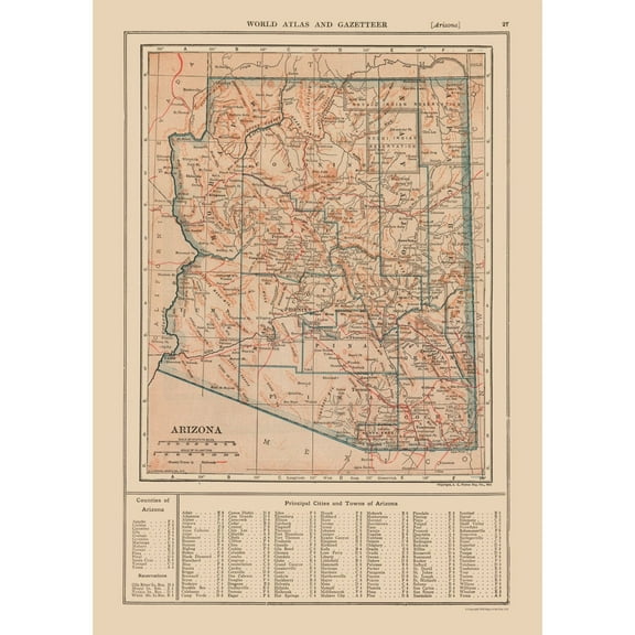 Historic State Map - Arizona - Reynold 1921 - 23 x 32.48 - Vintage Wall Art