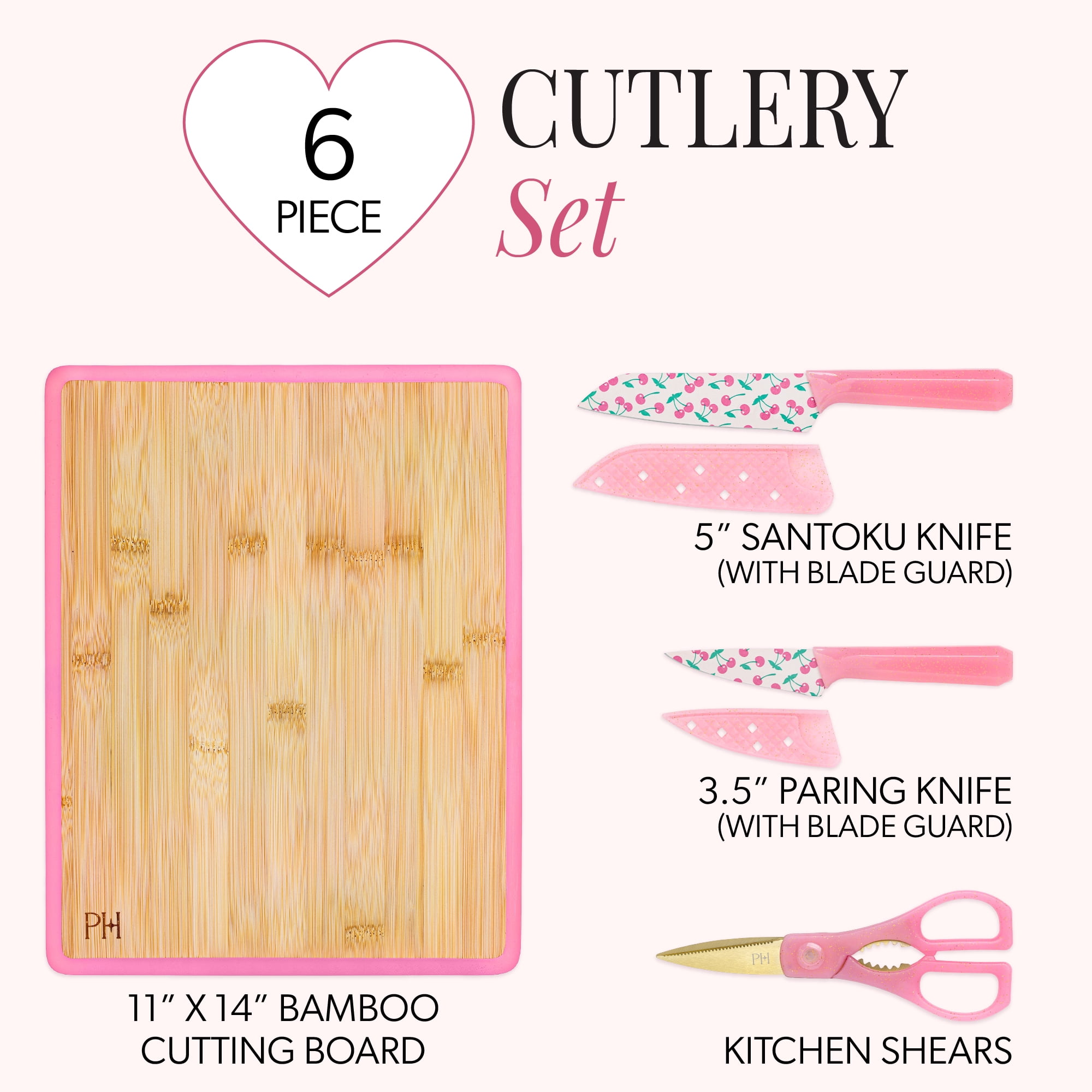 Paris Hilton 6-Piece Cutlery Set with 11 x 14 Inch Dual-Sided Bamboo Cutting Board, Stainless Steel Blades with Cherry Design, Blade Guards, Pink