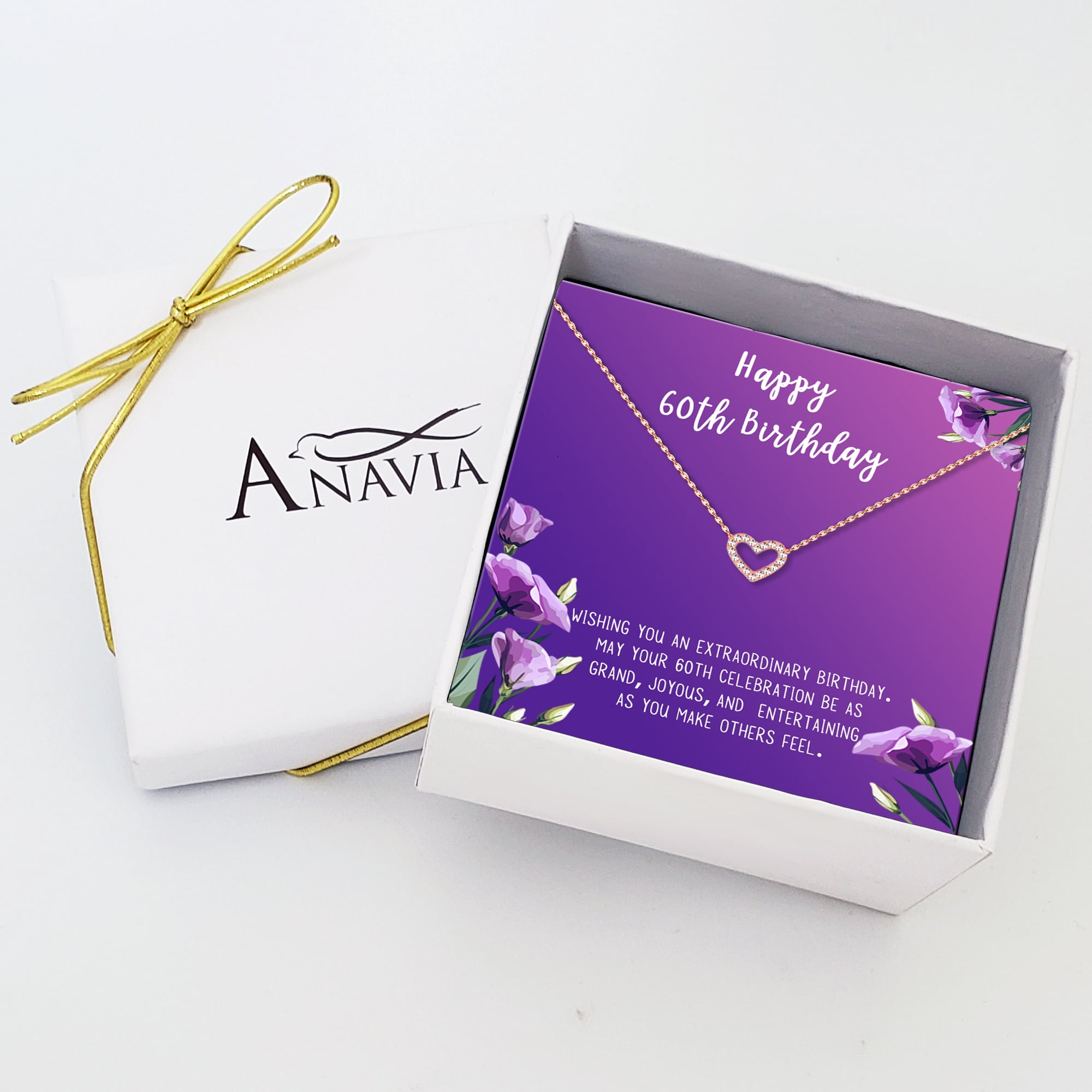 Anavia Happy 60st Birthday Gifts Stainless Steel Fashion Necklace Birthday Card Jewelry Gift for Her, Birthday Gift for Grandma-[Rose Gold Mini Crystal Heart, Royal Purple Gift Card]