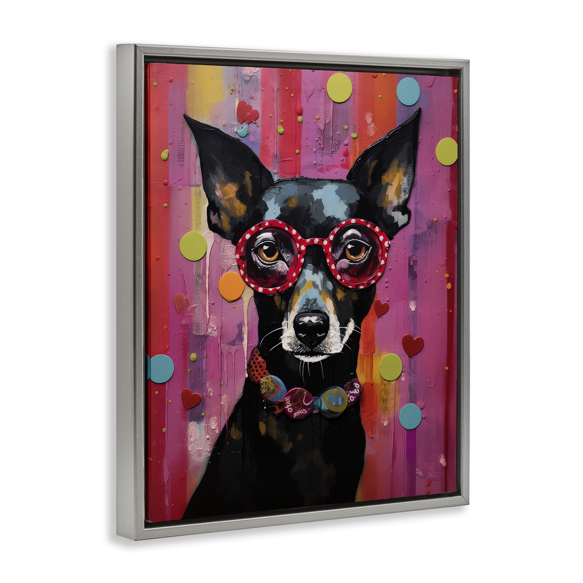 Stupell Industries Dobermann Dog with Glasses Animals Painting Gray Floater Framed Canvas Art Print Wall Art, 17 x 21