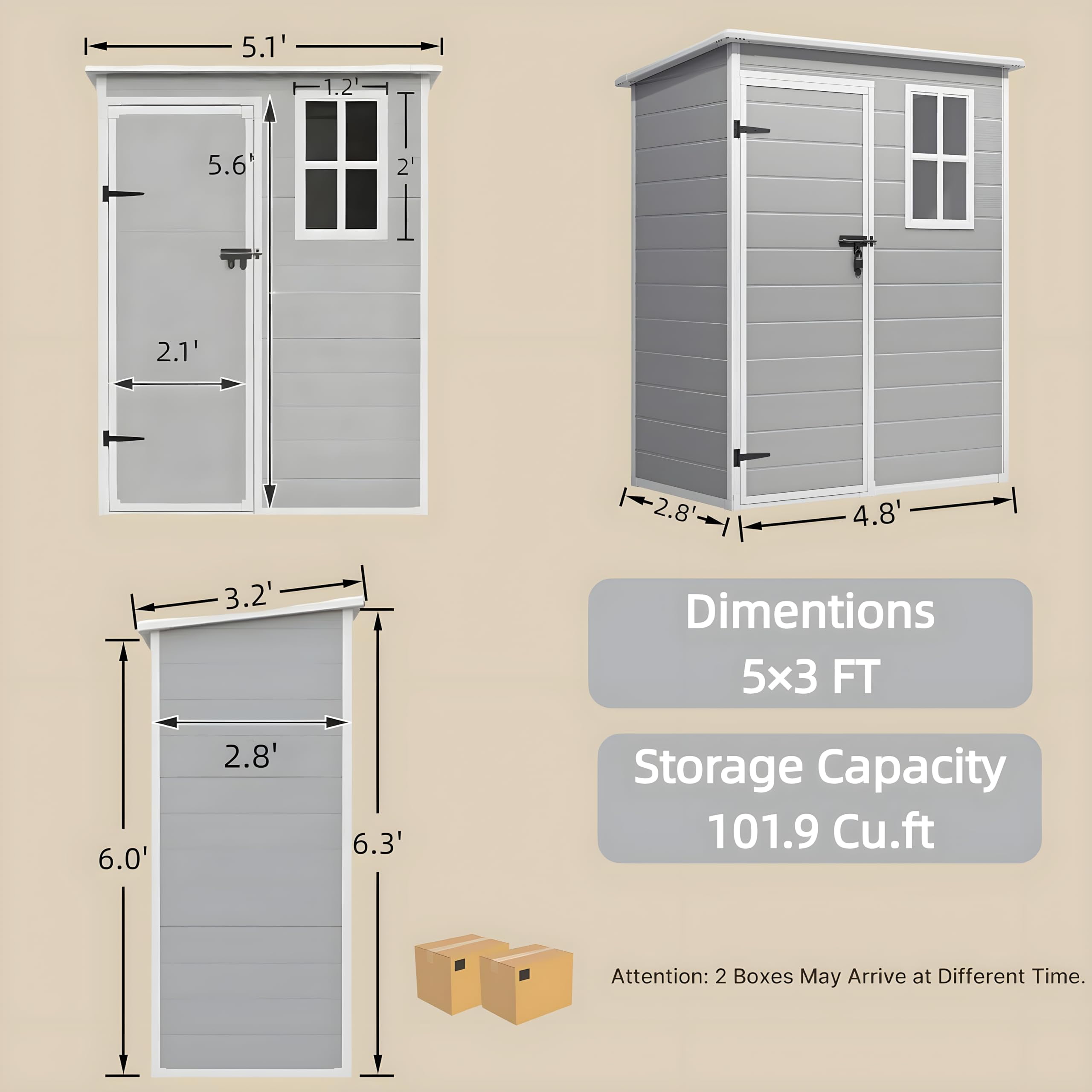 5 x 3 FT Resin Garden Shed, Aiho Outdoor Storage Shed with Floor & Lockable Door, Watheproof Plastic Storage Shed for Garden, Backyard, Gray