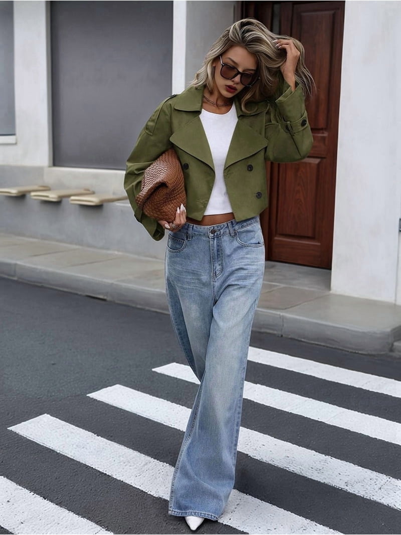 Womens Cropped Trench Coat Lapel Double Breasted Short Jacket