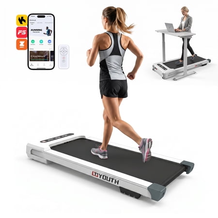 GOYOUTH APP Control Compact Treadmill, Quiet Comfort Running Machine with QR Code Connection & Fun Competition, Indoor Home Cardio Fitness Equipment for Daily Walking and Jogging, 300 lbs Capacity