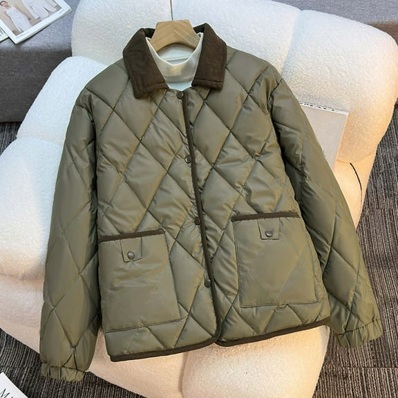 XUNKUSGA Quilted Jacket Casual Solid Color Waterproof Winter Coat Fashion Comfortable Womens Quilted Jacket Corduroy Lapel Collar Long Sleeve Winter Clothing for Women S-XL Green