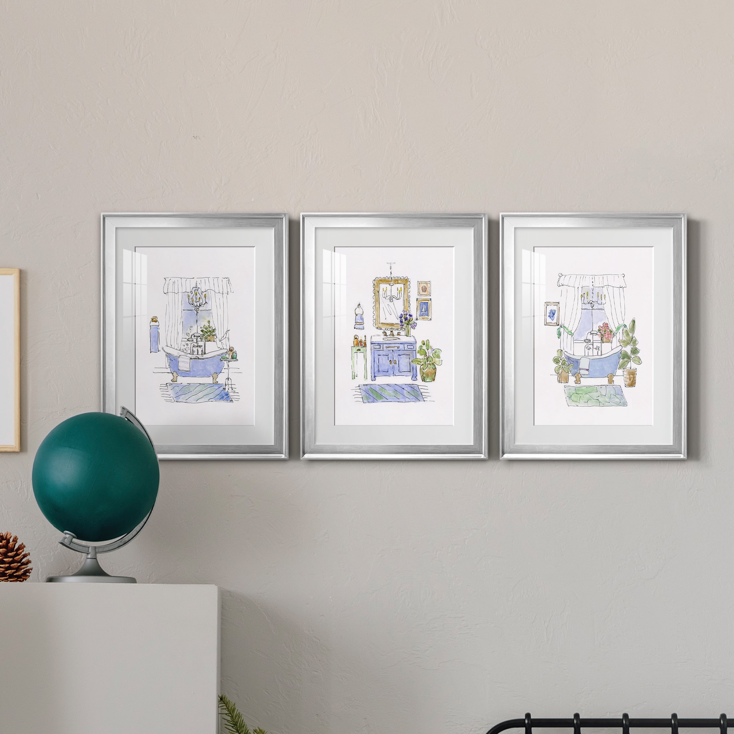 Sketchy Bath I Premium Framed Prints Set of 3 - Ready to Hang - 18 x 24 Each - Silver Frame