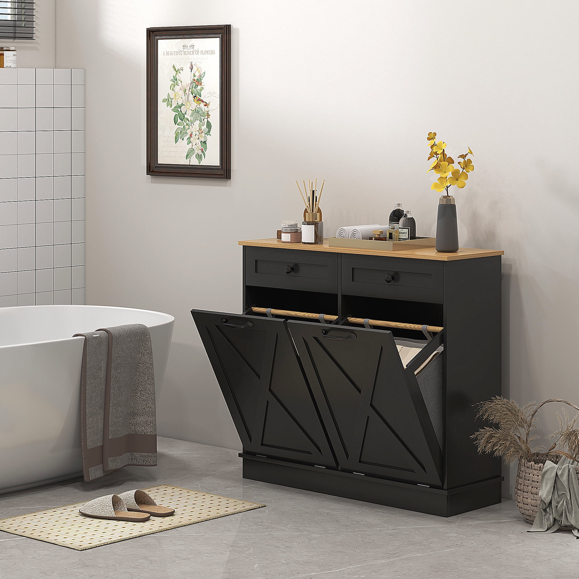 HOMCOM Tilt Out Laundry Hamper Cabinet Bathroom Storage Cabinet with 2 Removable Baskets and 2 Drawers, Black
