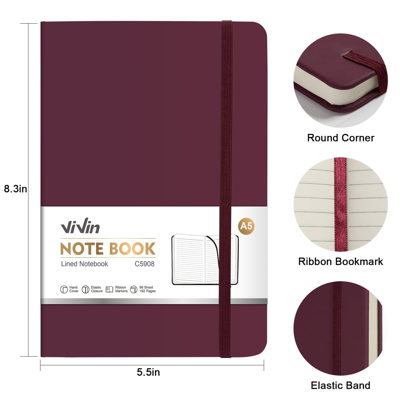 Vivin 3 Pack Lined Journal Notebooks for Writing, 192 Pages, 5.5 x 8.3 inch, Hardcover, Black, Burgundy, Dark Green